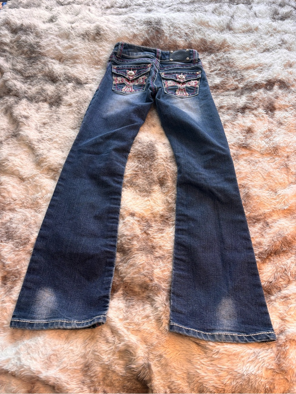 Girls Dark Blue Embroidered Back-Pocket Flared Jeans